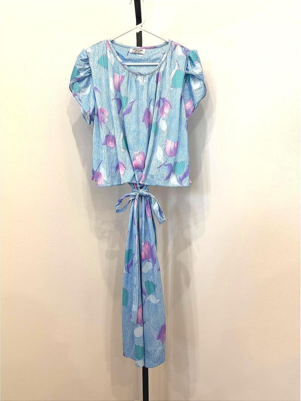 70s 80s Light Blue Floral Print Two-Piece Set with Tie Waist